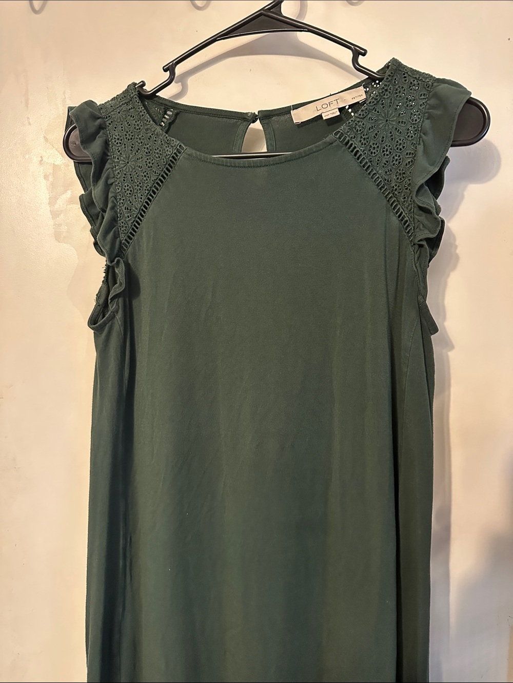 LOFT Dark Green Crochet Shoulder Ruffle Sleeveless Tunic